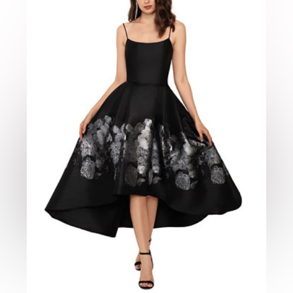 Xscape Black & Silver Sleeveless High Low Formal Ball Gown Dress
